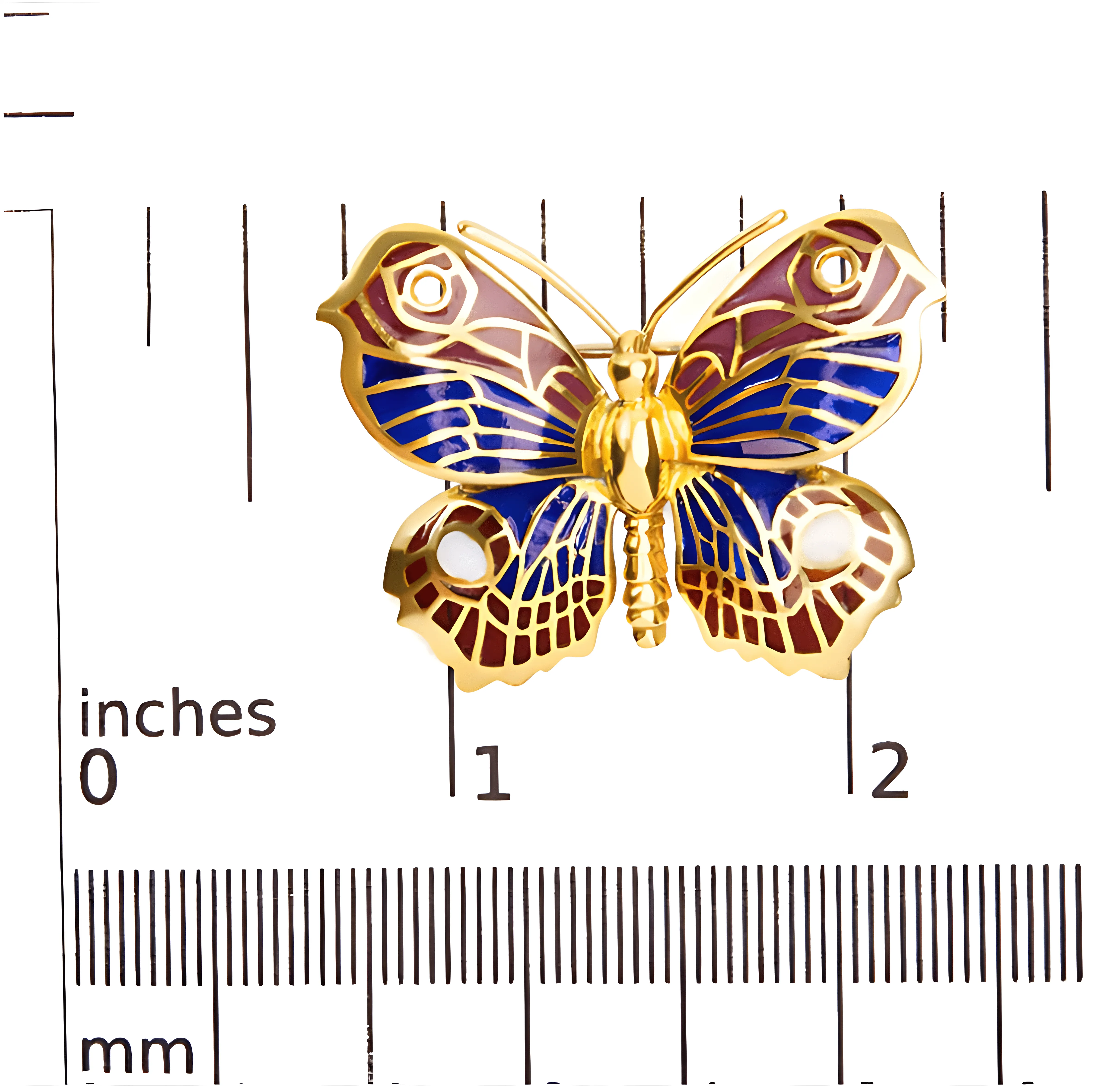 18K Yellow Gold Red, Blue, and White Enameled Butterfly Brooch Pin