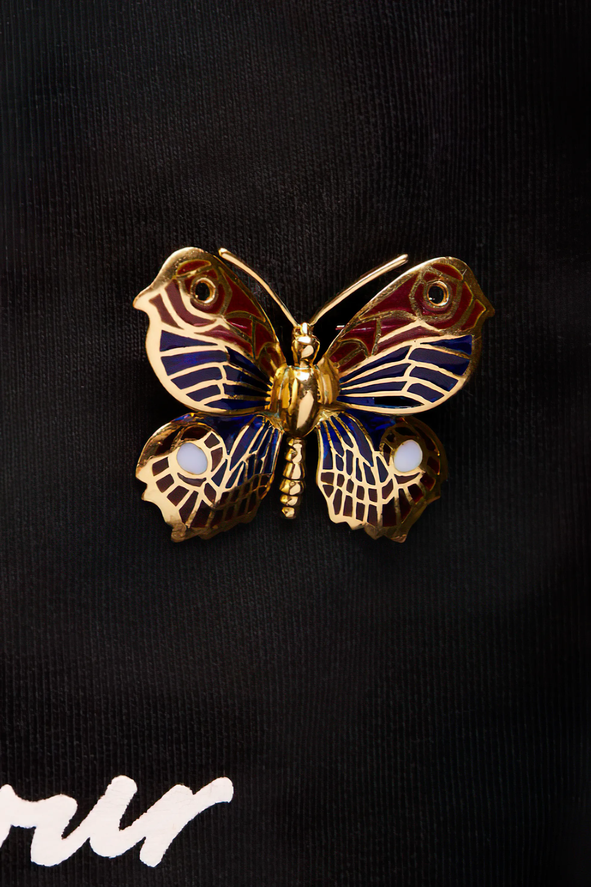 18K Yellow Gold Red, Blue, and White Enameled Butterfly Brooch Pin
