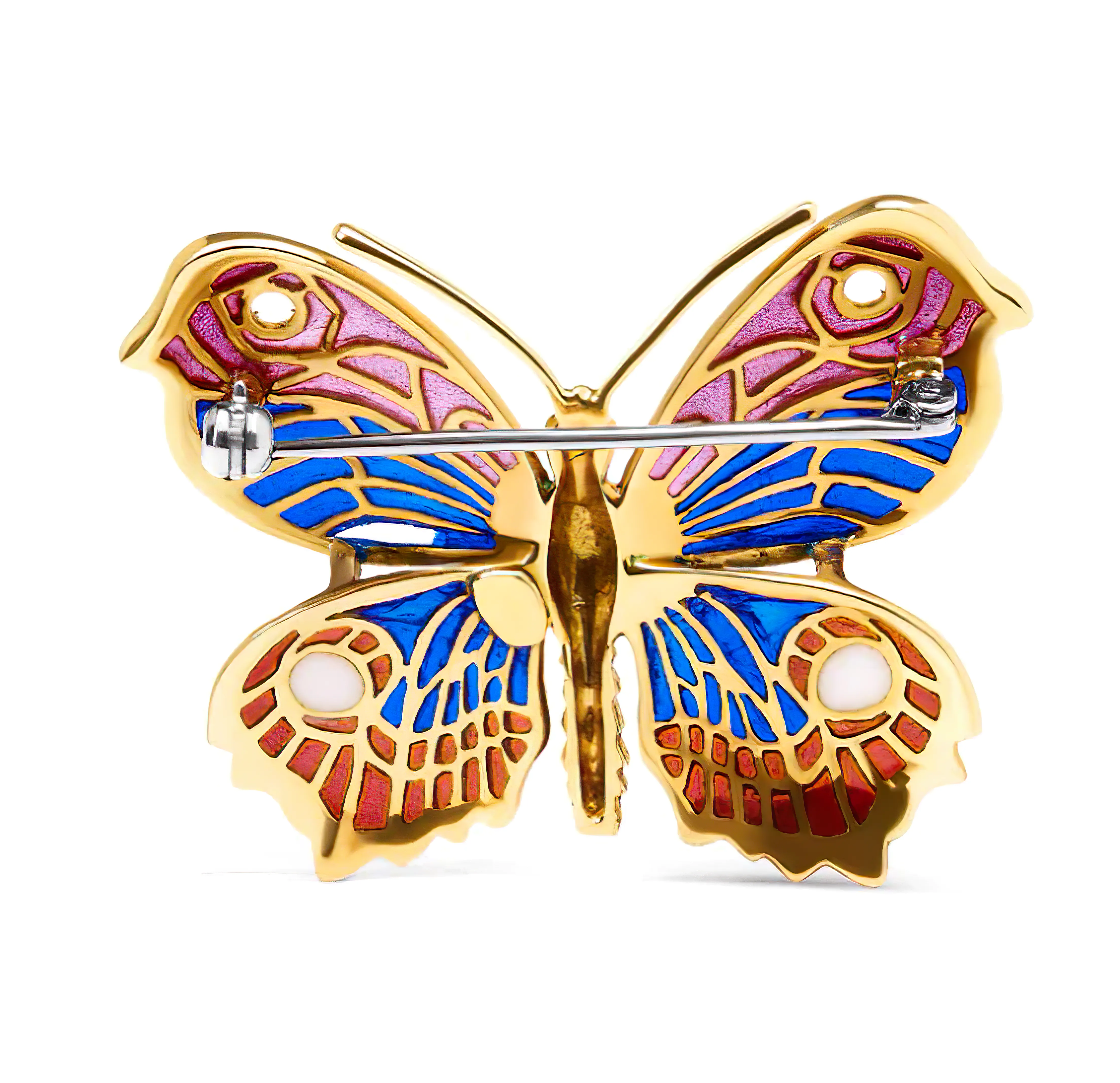 18K Yellow Gold Red, Blue, and White Enameled Butterfly Brooch Pin