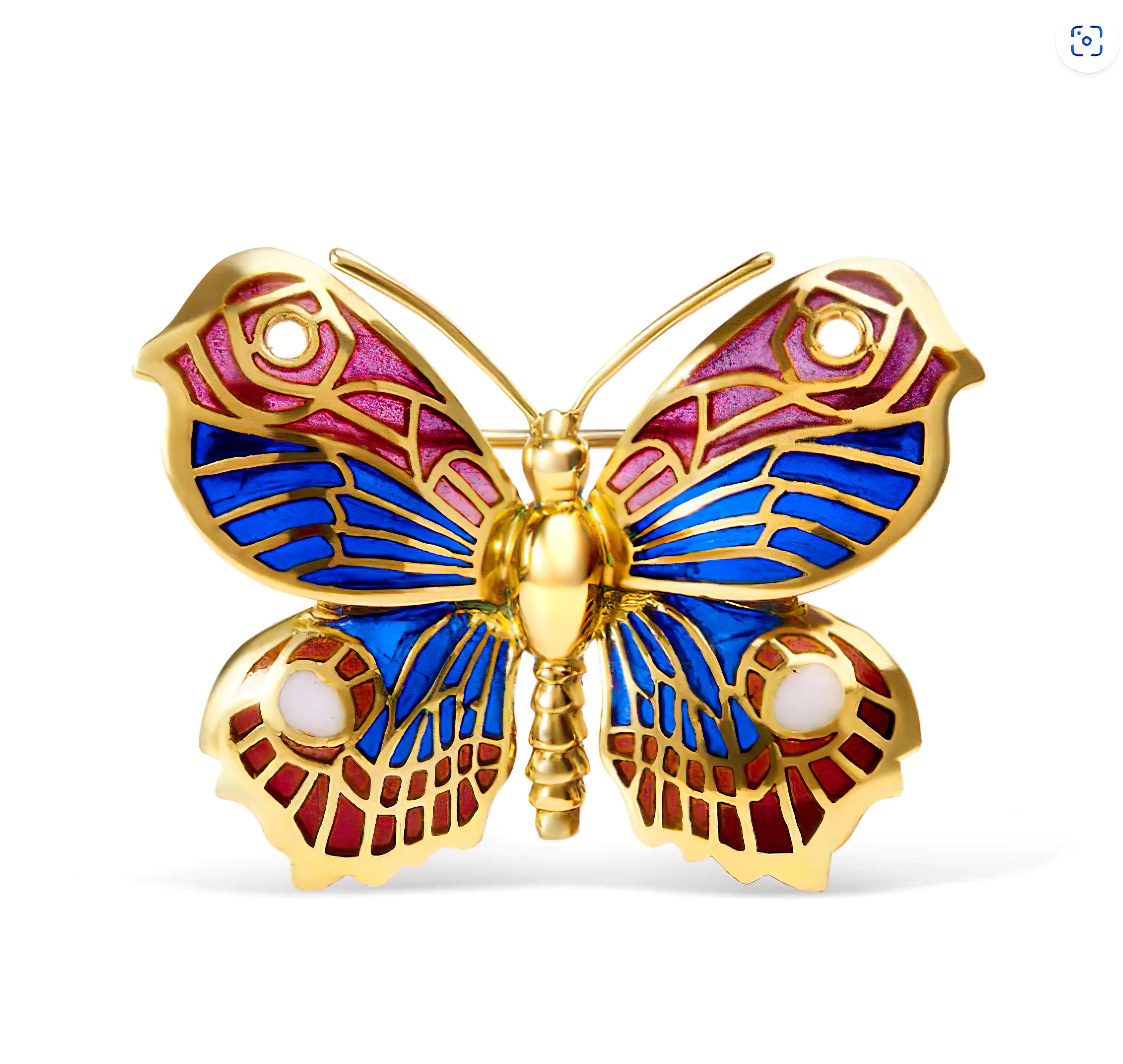 18K Yellow Gold Red, Blue, and White Enameled Butterfly Brooch Pin