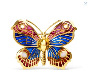 18K Yellow Gold Red, Blue, and White Enameled Butterfly Brooch Pin