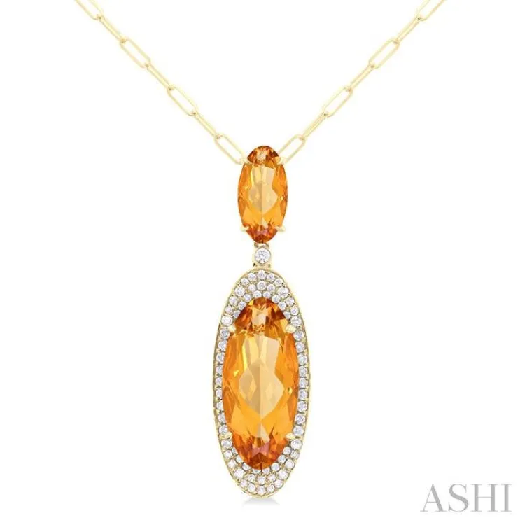 18x8 MM & 10x5 MM Oval Cut Citrine and 1/3 ctw Round Cut Diamond Halo Semi Precious Pendant With Chain in 14K Yellow Gold