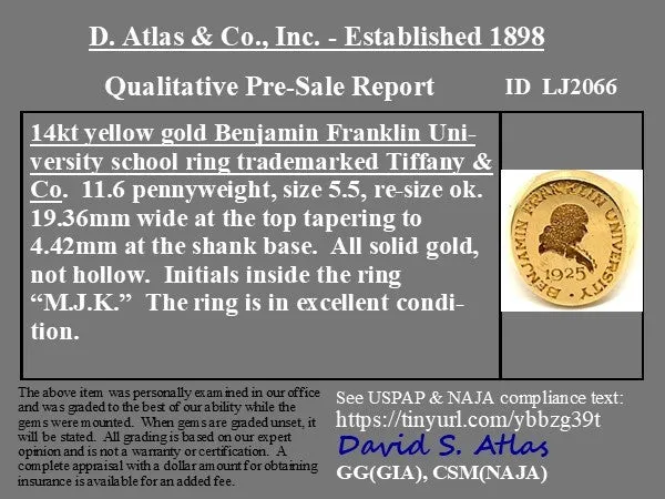 1925 Benjamin Franklin University Class Ring by Tiffany & Co