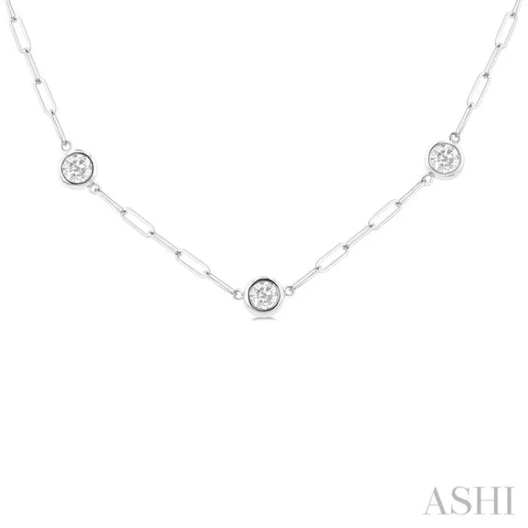 2 ctw Bezel Set Round Cut Diamond Paperclip Station Necklace in 14K White Gold