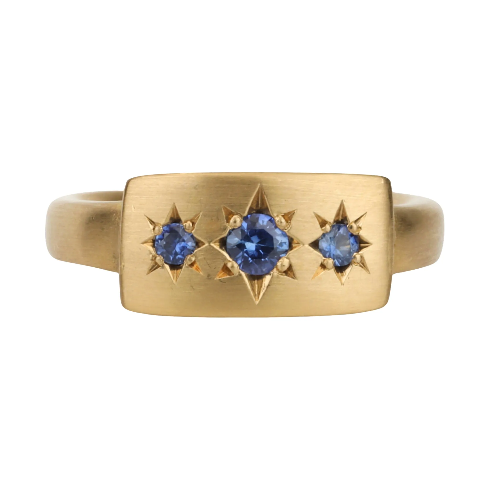 20K Chunky Curved Signet Ring with Three Star-Set Blue Sapphires
