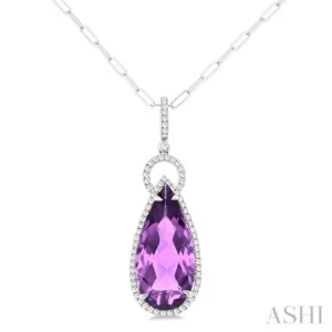 22X10 MM Pear Cut Amethyst and 1/3 ctw Round Cut Diamond Halo Semi Precious Pendant With Chain in 14K White Gold