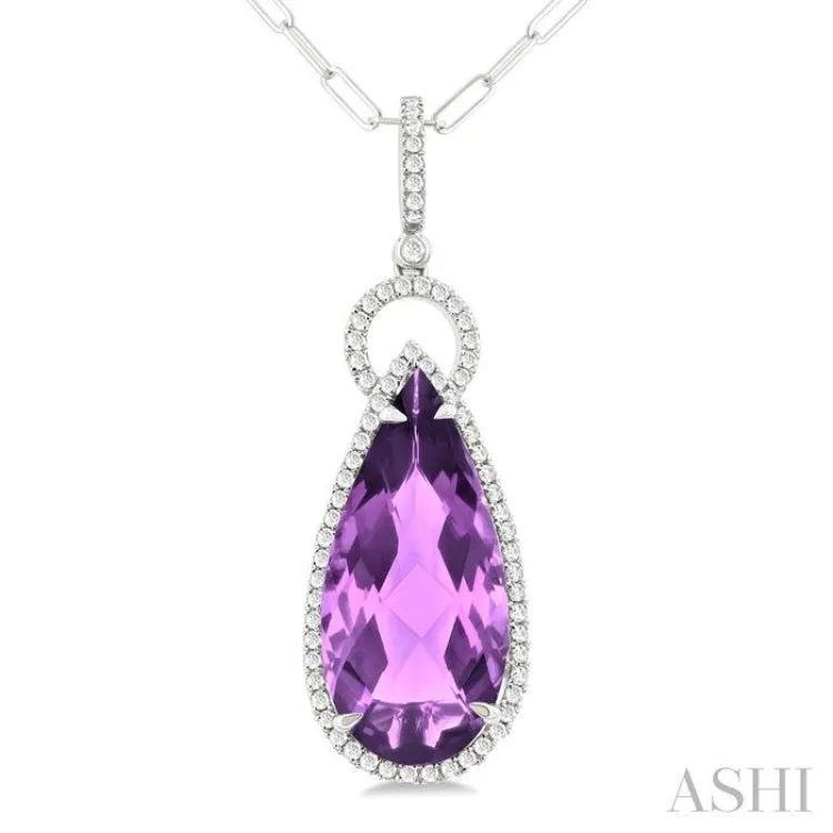 22X10 MM Pear Cut Amethyst and 1/3 ctw Round Cut Diamond Halo Semi Precious Pendant With Chain in 14K White Gold