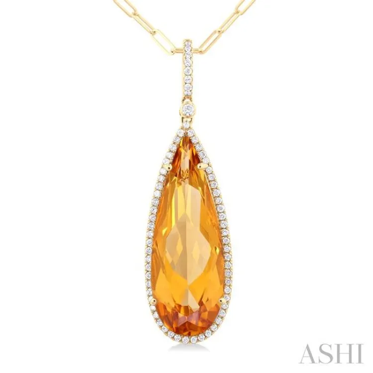 26x9 MM Pear Cut Citrine and 1/4 ctw Round Cut Diamond Halo Semi Precious Pendant With Chain in 14K Yellow Gold