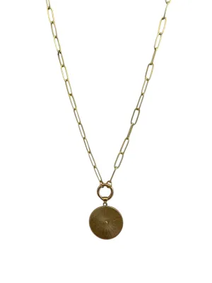 30" Long Gold Paperclip Necklace with Circle Charm CZ Detail