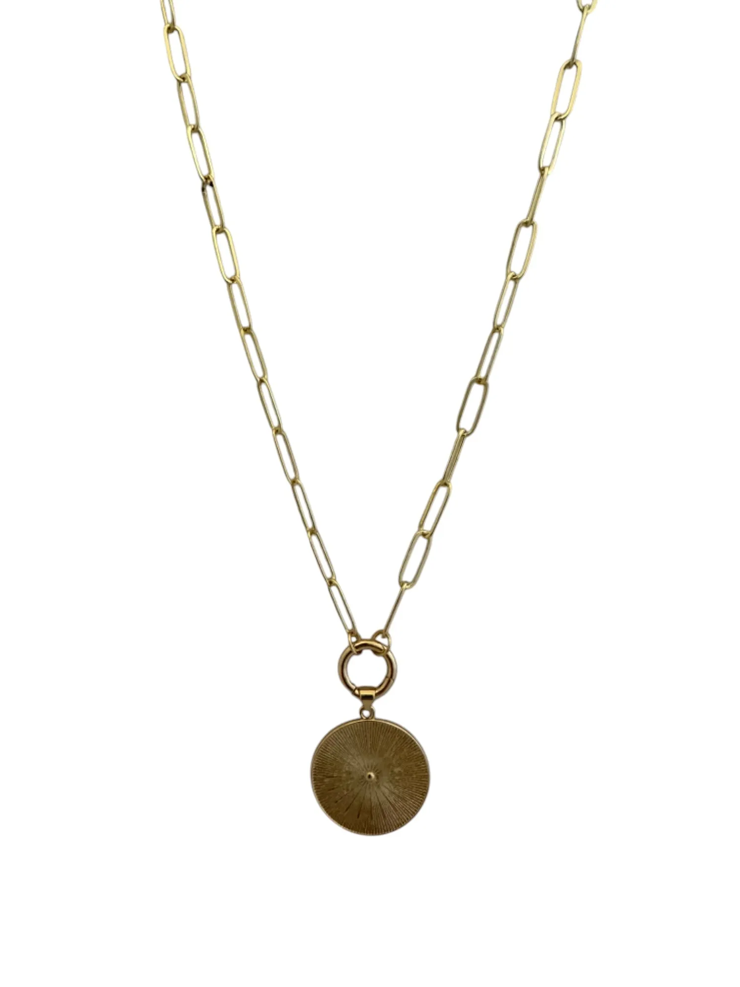 30" Long Gold Paperclip Necklace with Circle Charm CZ Detail