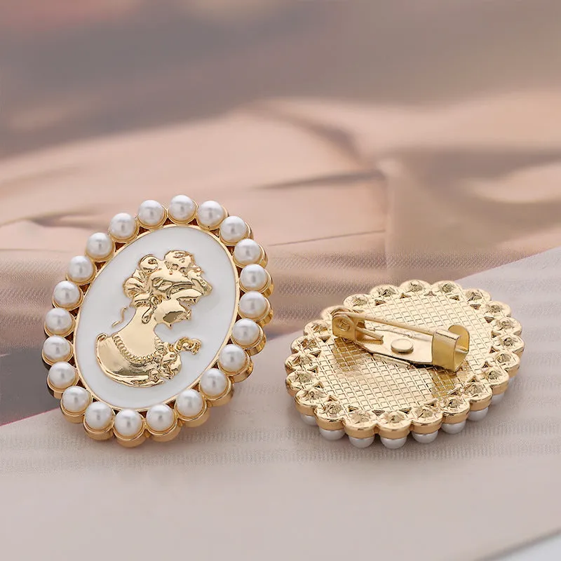 31mm Retro Palace Pearl Metal Brooch Pin with Beauty Portrait 3pcs