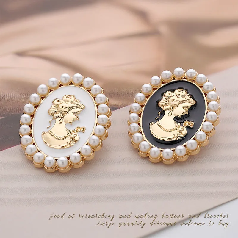 31mm Retro Palace Pearl Metal Brooch Pin with Beauty Portrait 3pcs