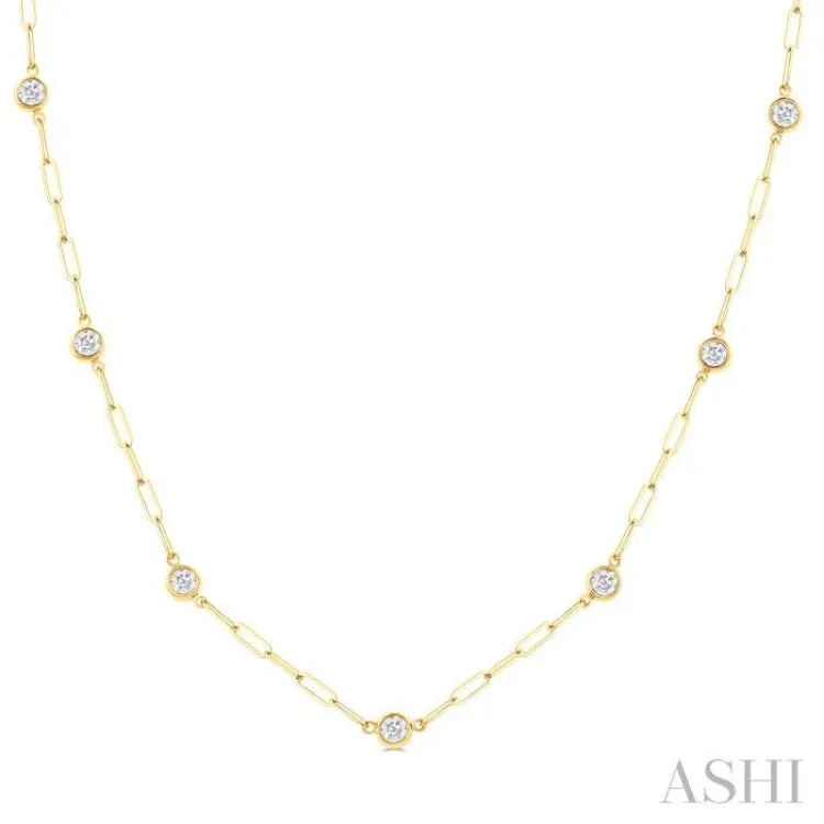 3/4 ctw Bezel Set Round Cut Diamond Paperclip Station Necklace in 14K Yellow Gold