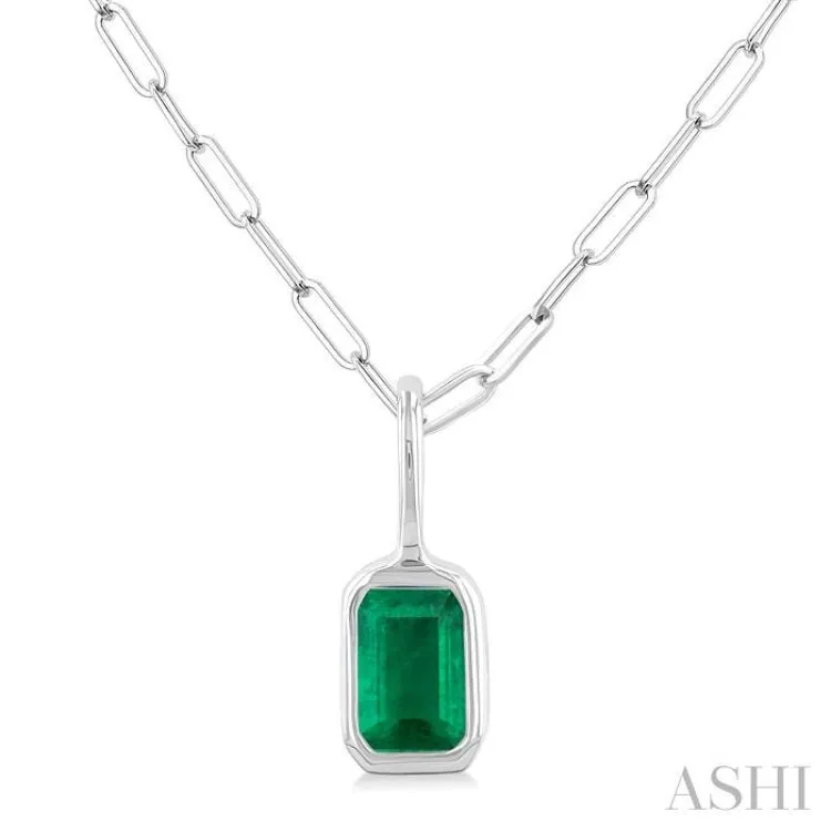 6x4 MM Bezel Set Emerald Cut Precious Fashion Pendant With Paperclip Chain in 14K White Gold