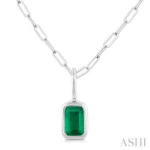 6x4 MM Bezel Set Emerald Cut Precious Fashion Pendant With Paperclip Chain in 14K White Gold