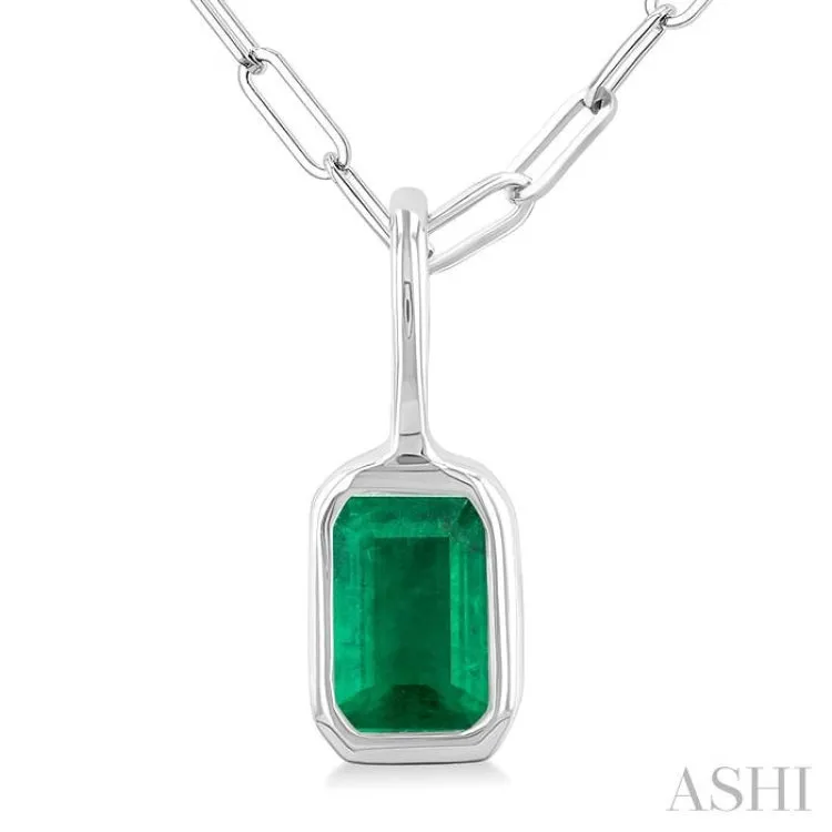 6x4 MM Bezel Set Emerald Cut Precious Fashion Pendant With Paperclip Chain in 14K White Gold