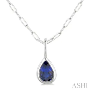 6x4 MM Bezel Set Pear Cut Sapphire Precious Fashion Pendant With Paperclip Chain in 10K White Gold
