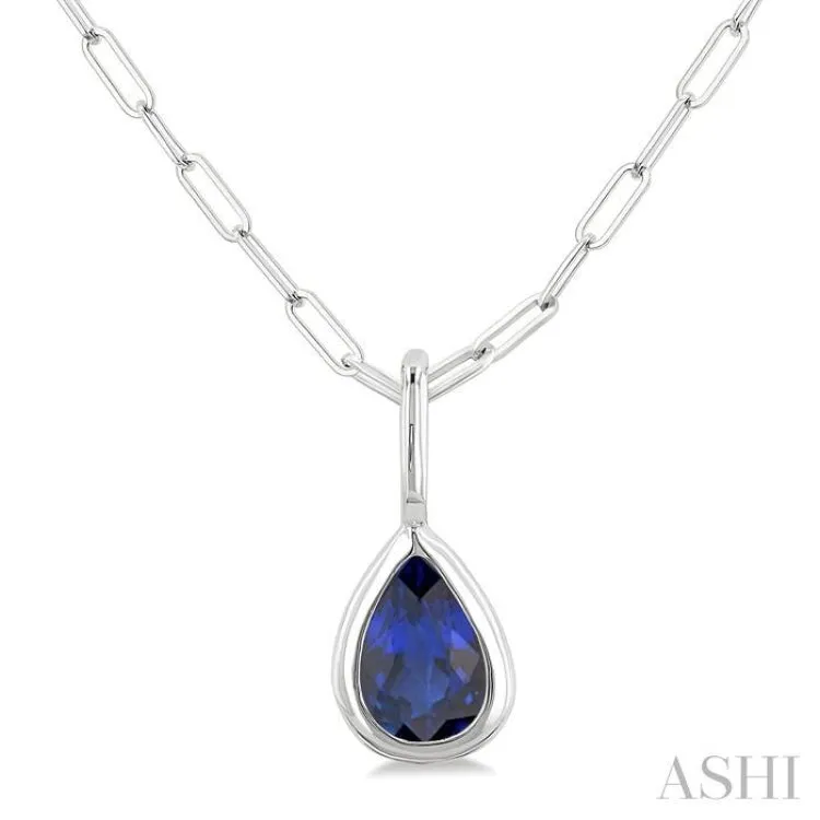 6x4 MM Bezel Set Pear Cut Sapphire Precious Fashion Pendant With Paperclip Chain in 10K White Gold