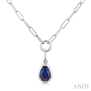 6x4 MM Pear Cut Sapphire Solitaire Precious Paperclip Pendant With Chain in 10K White Gold