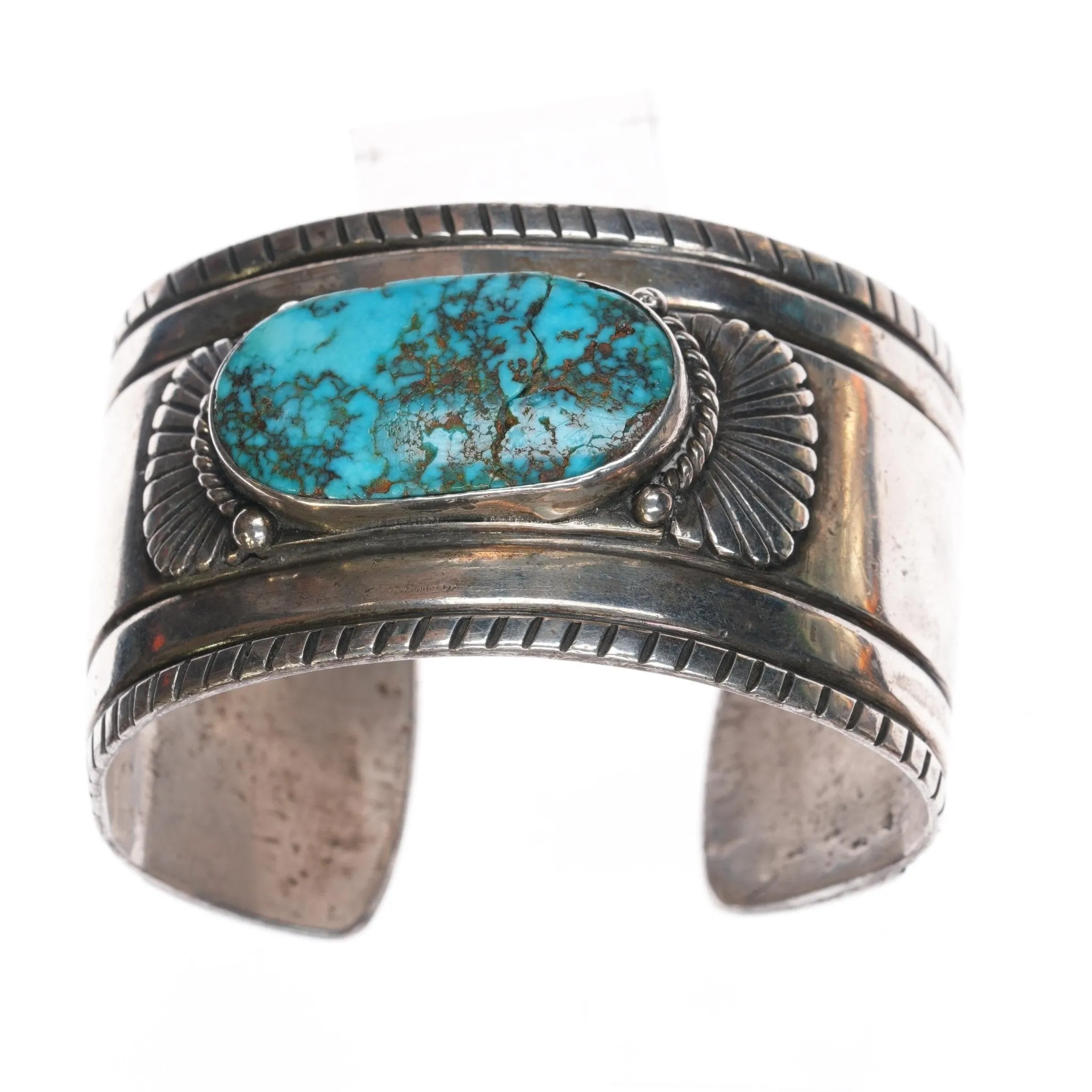 7.12" c1940's Navajo Chiseled silver cuff bracelet with turquoise