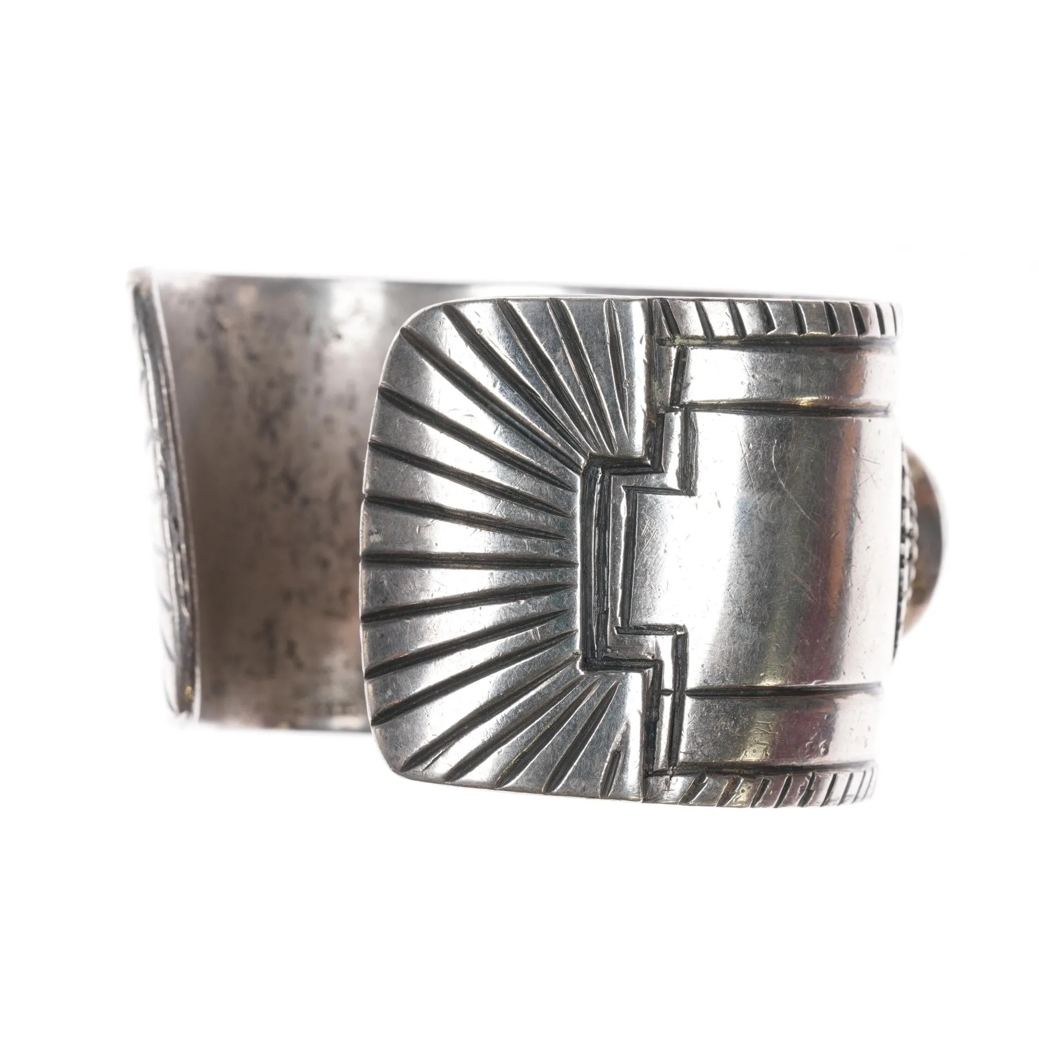 7.12" c1940's Navajo Chiseled silver cuff bracelet with turquoise