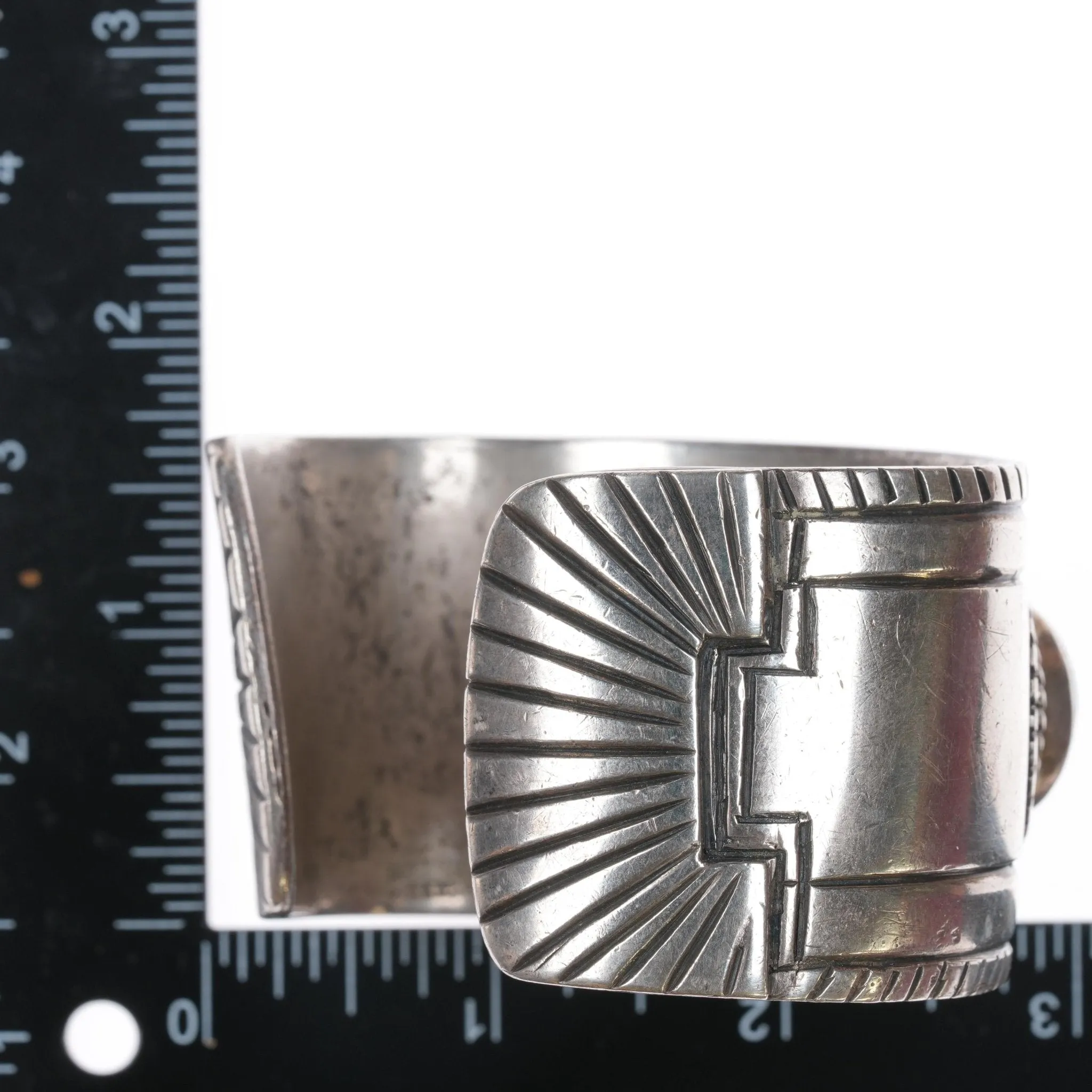 7.12" c1940's Navajo Chiseled silver cuff bracelet with turquoise