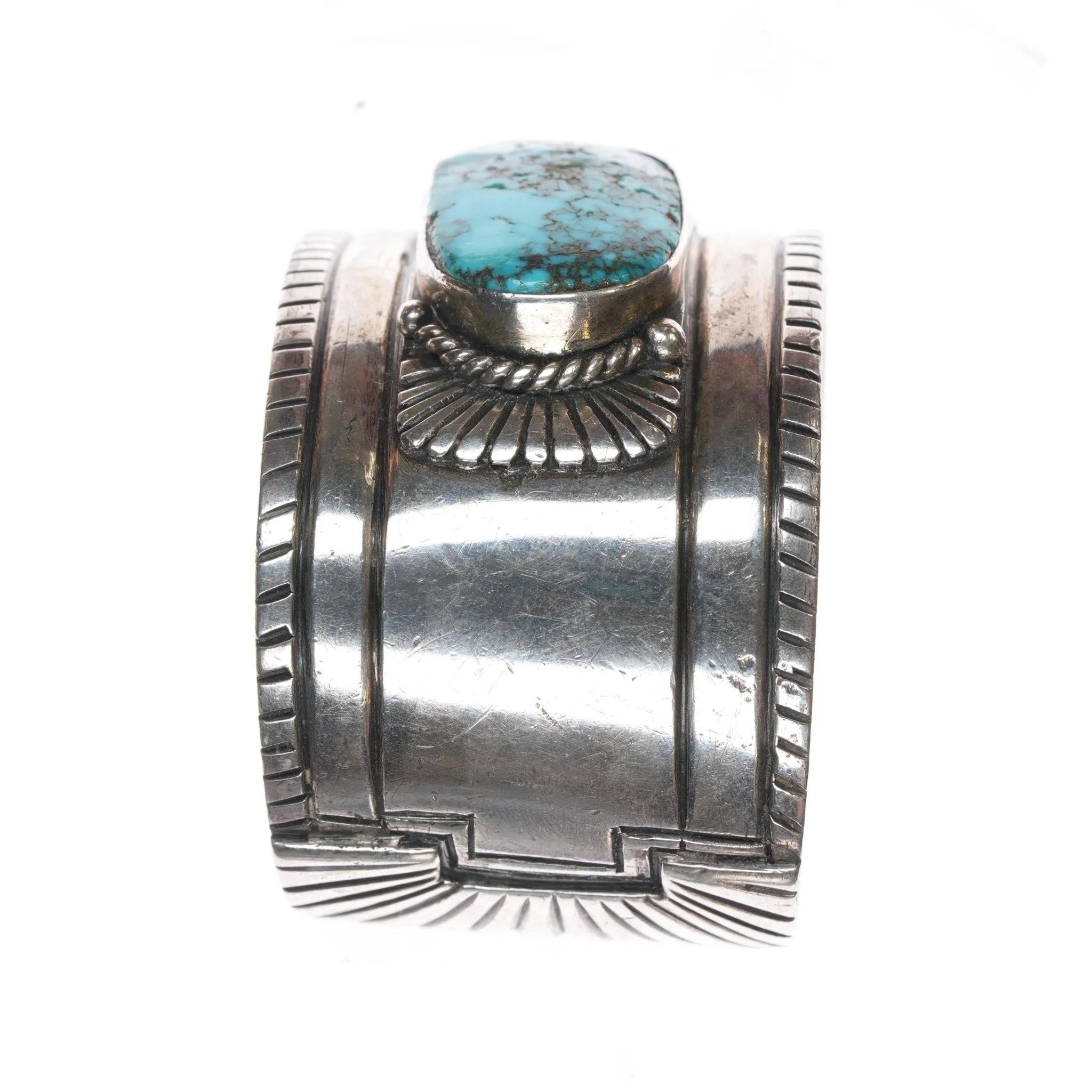 7.12" c1940's Navajo Chiseled silver cuff bracelet with turquoise