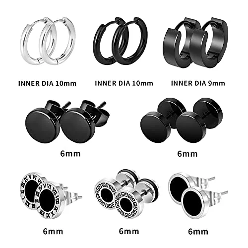 8 Pairs PUNK Black Stainless Steel Stud Earrings