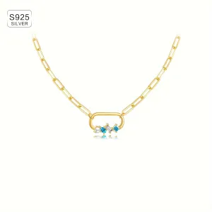 925 Silver Paperclip Pendant Necklace with Zirconia - Hip Hop Style