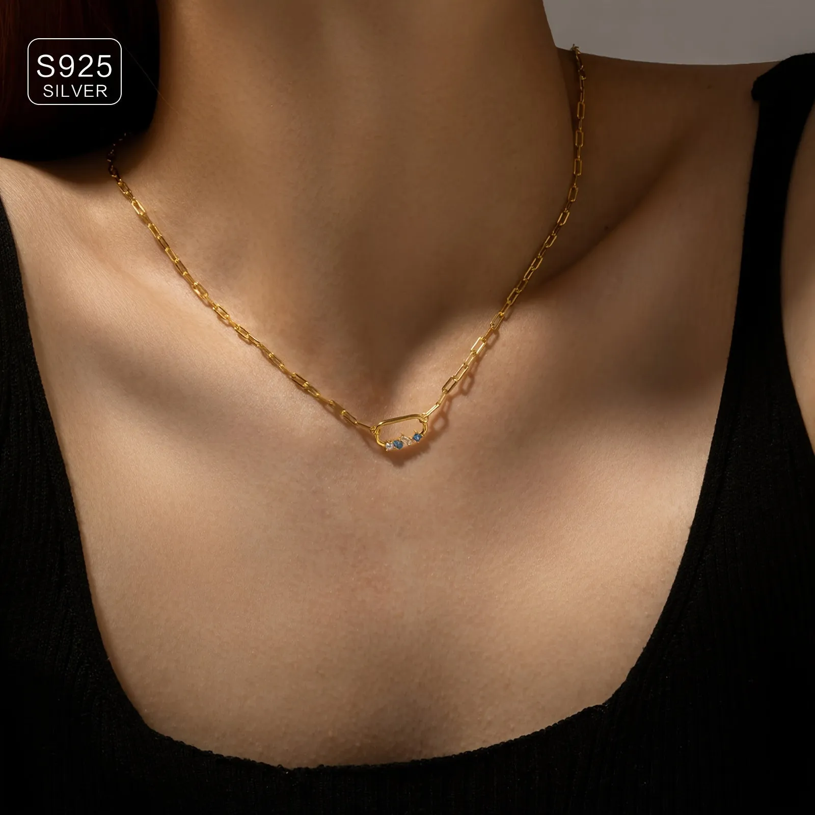 925 Silver Paperclip Pendant Necklace with Zirconia - Hip Hop Style