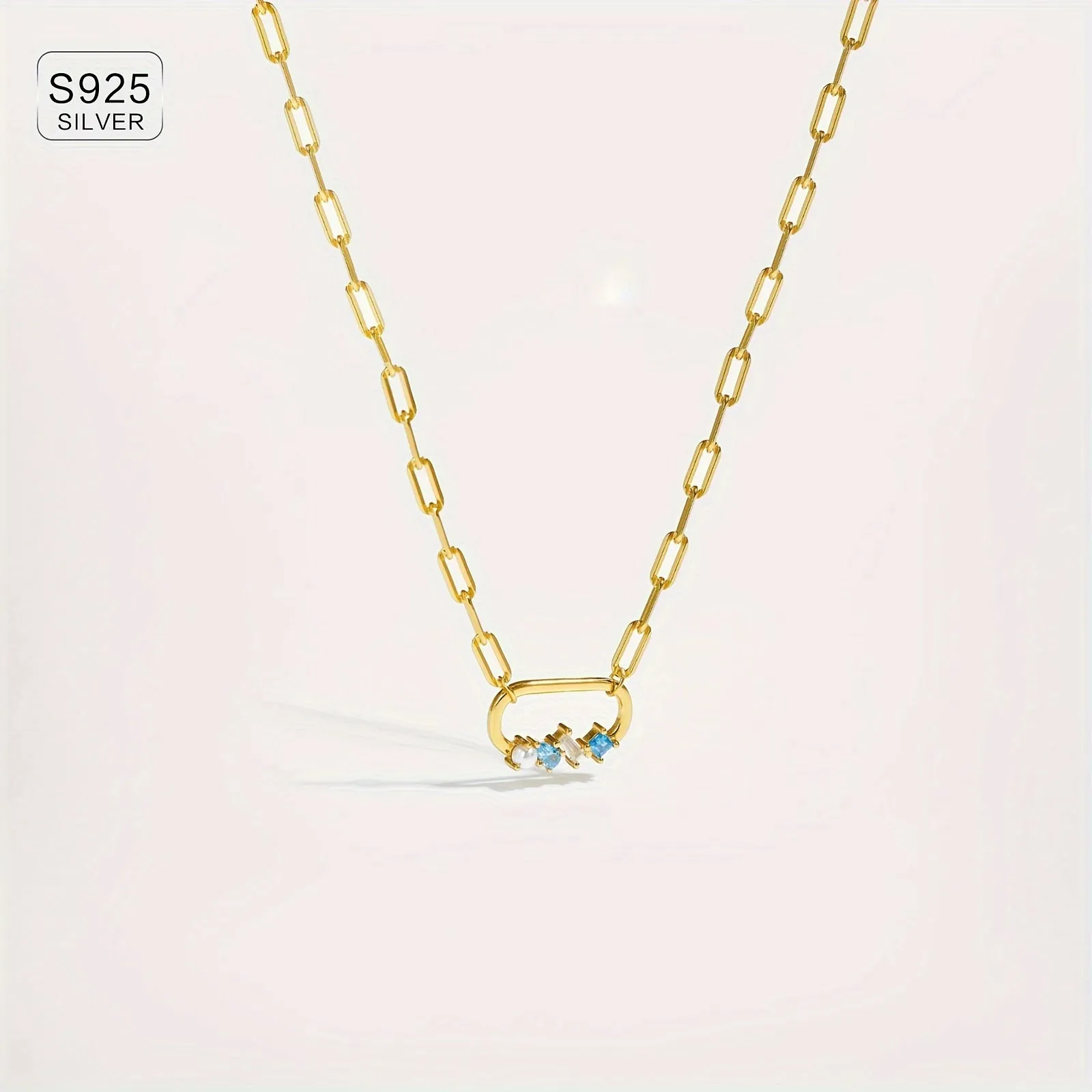 925 Silver Paperclip Pendant Necklace with Zirconia - Hip Hop Style