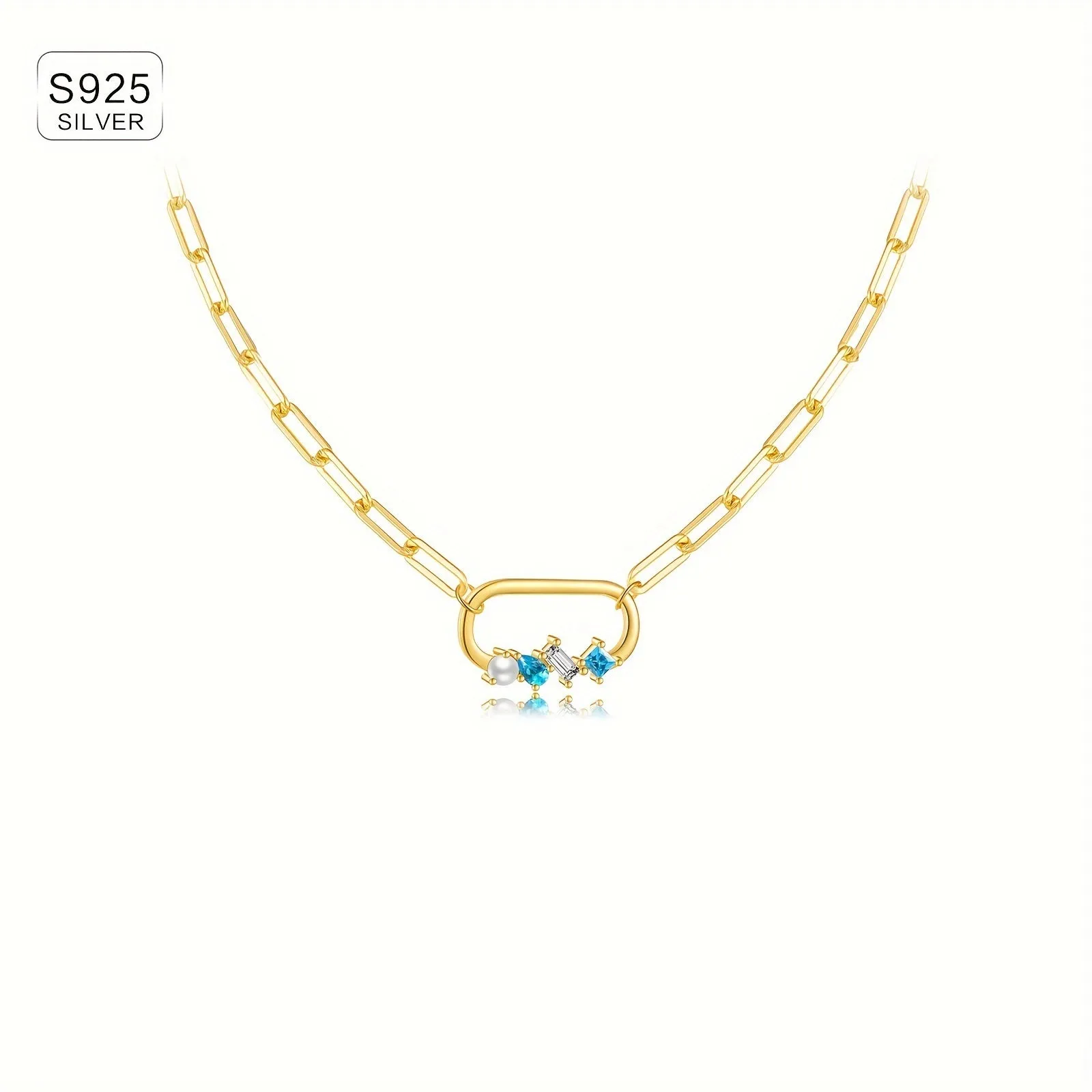 925 Silver Paperclip Pendant Necklace with Zirconia - Hip Hop Style