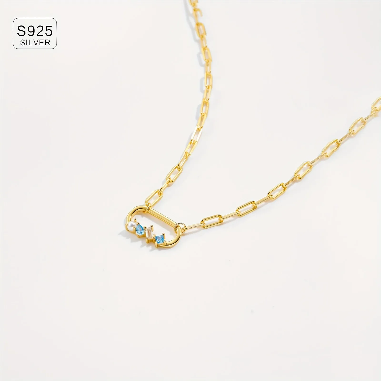 925 Silver Paperclip Pendant Necklace with Zirconia - Hip Hop Style