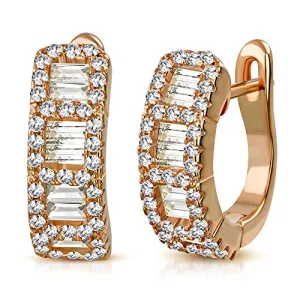 925 Sterling Silver Baguette Round CZ Hoop Huggie Earrings
