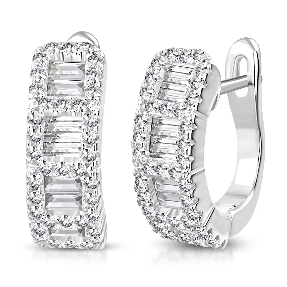 925 Sterling Silver Baguette Round CZ Hoop Huggie Earrings