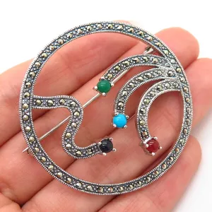 925 Sterling Silver Real Multi-Color Gem Abstract Design Round Pin Brooch