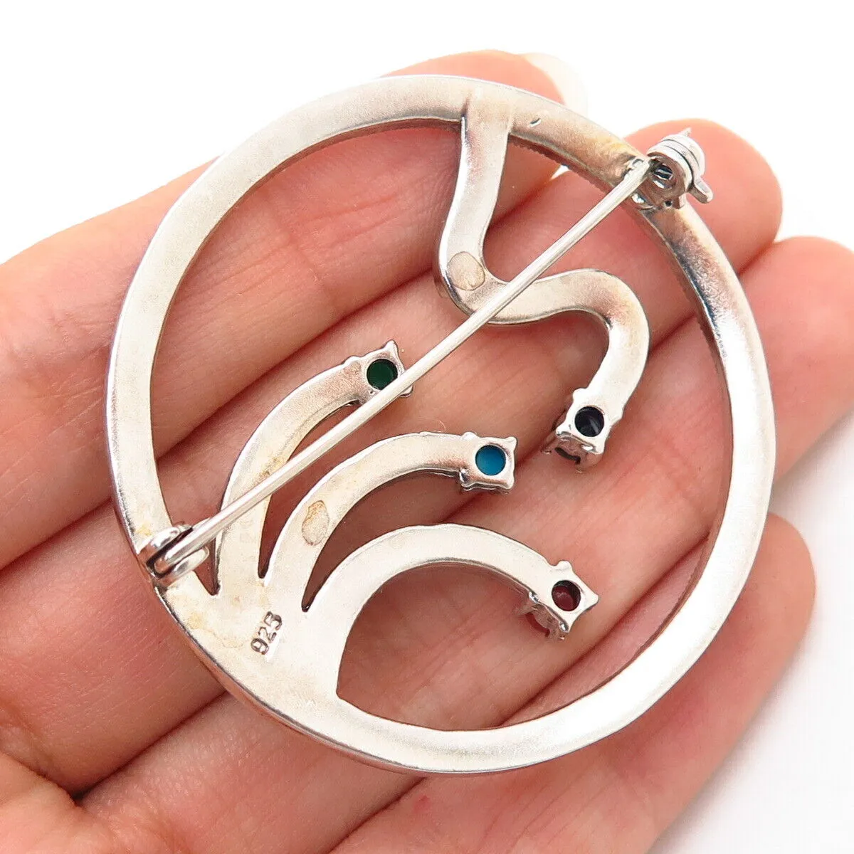 925 Sterling Silver Real Multi-Color Gem Abstract Design Round Pin Brooch