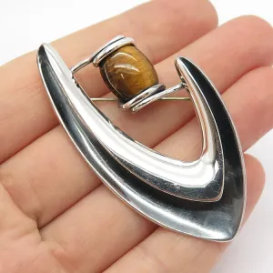 925 Sterling Silver Vintage Mexico Real Tiger Eye Gem Abstract Pin Brooch