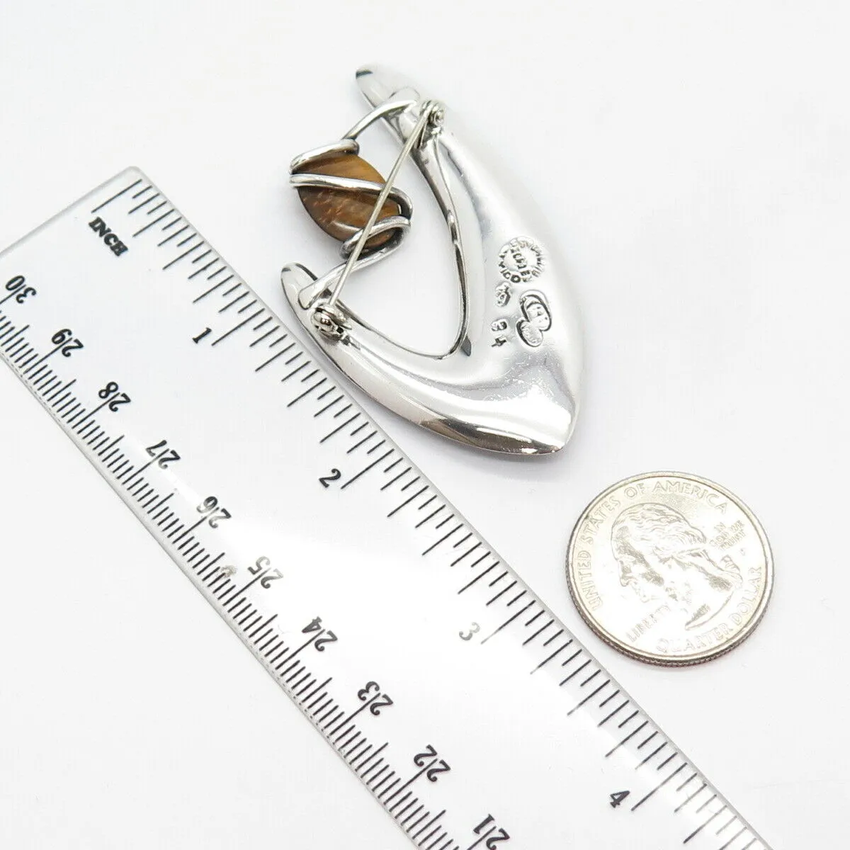 925 Sterling Silver Vintage Mexico Real Tiger Eye Gem Abstract Pin Brooch