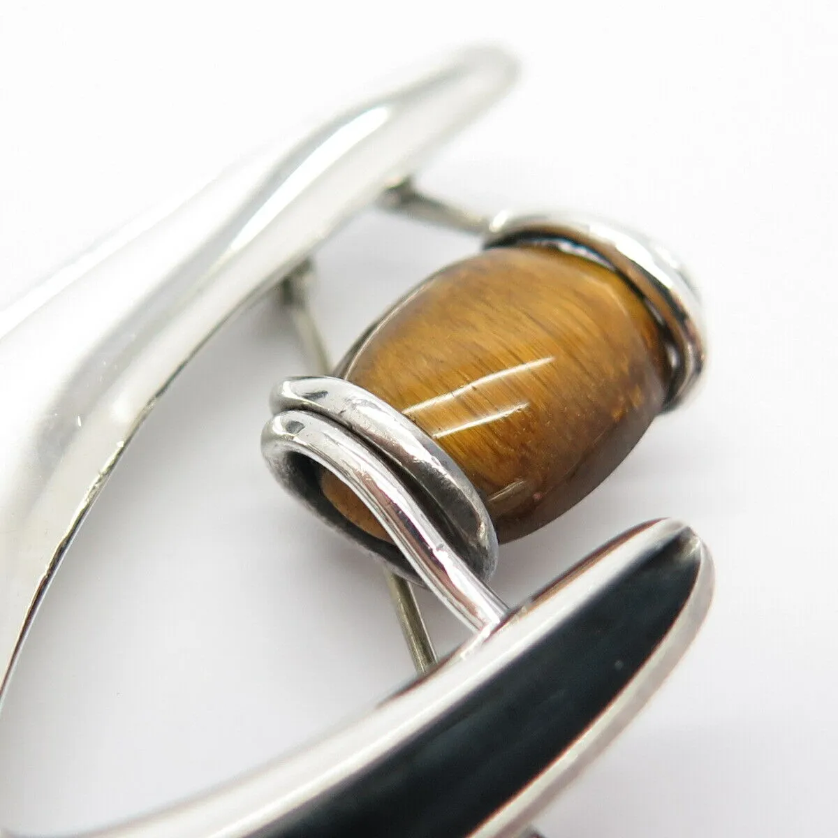 925 Sterling Silver Vintage Mexico Real Tiger Eye Gem Abstract Pin Brooch