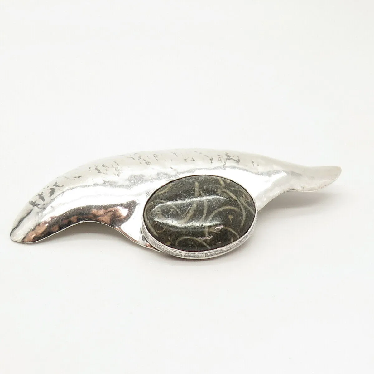 925 Sterling Silver Vintage Real Fossil Abstract Pin Brooch