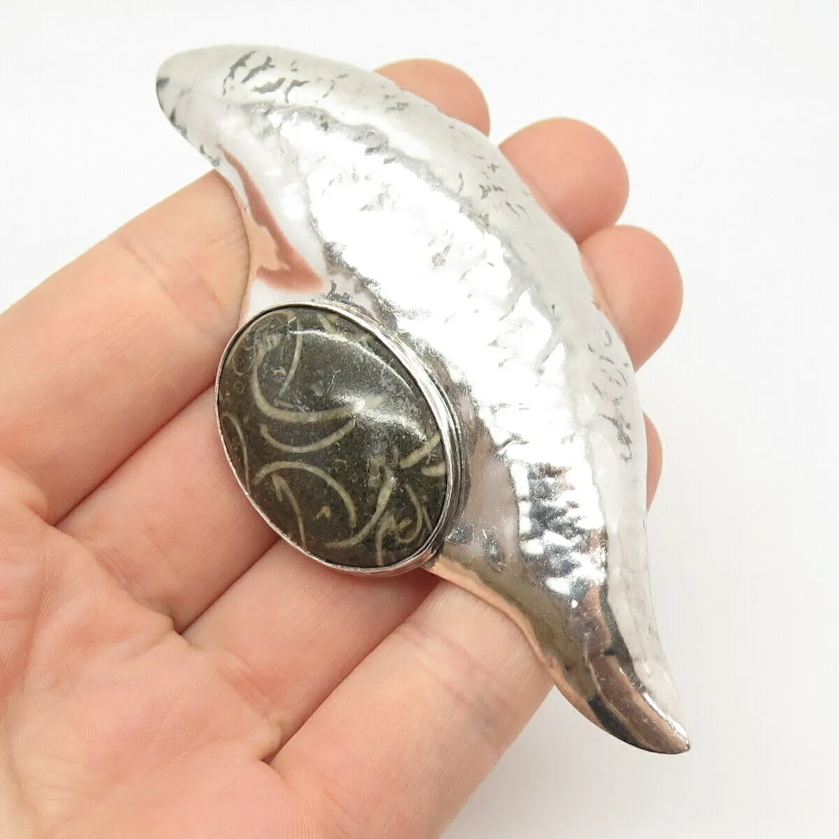 925 Sterling Silver Vintage Real Fossil Abstract Pin Brooch