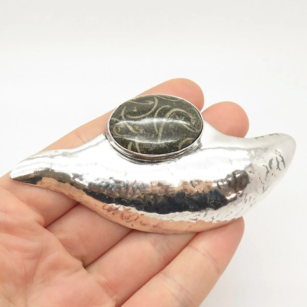 925 Sterling Silver Vintage Real Fossil Abstract Pin Brooch