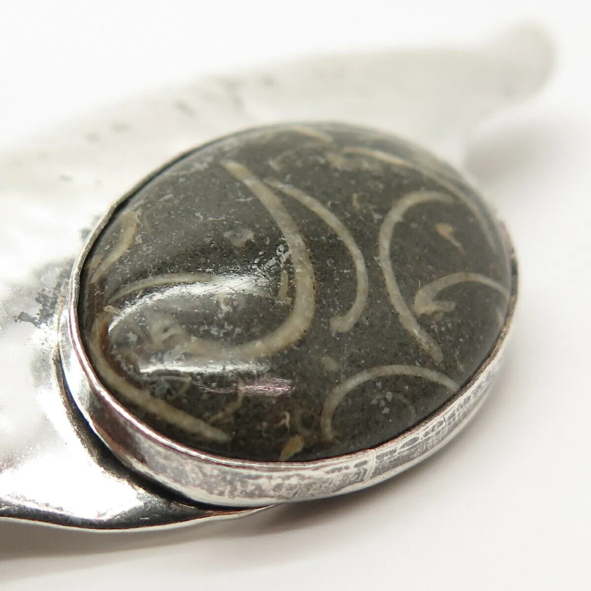 925 Sterling Silver Vintage Real Fossil Abstract Pin Brooch