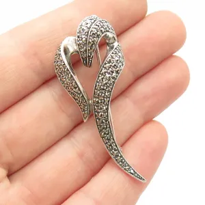 925 Sterling Silver Vintage Real Marcasite Gem Abstract Heart Pin Brooch