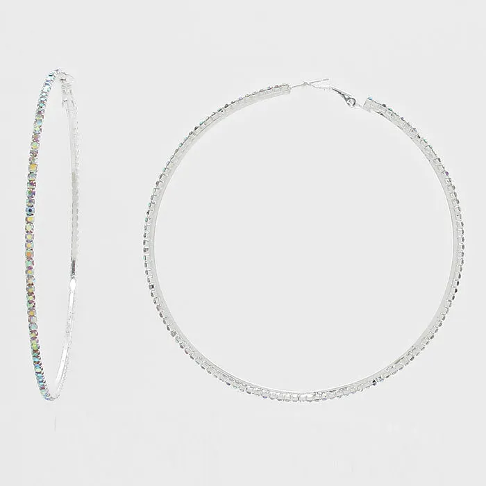 AB Rhinestone Hoop Earrings on Silver | 3 3/4" | 269235