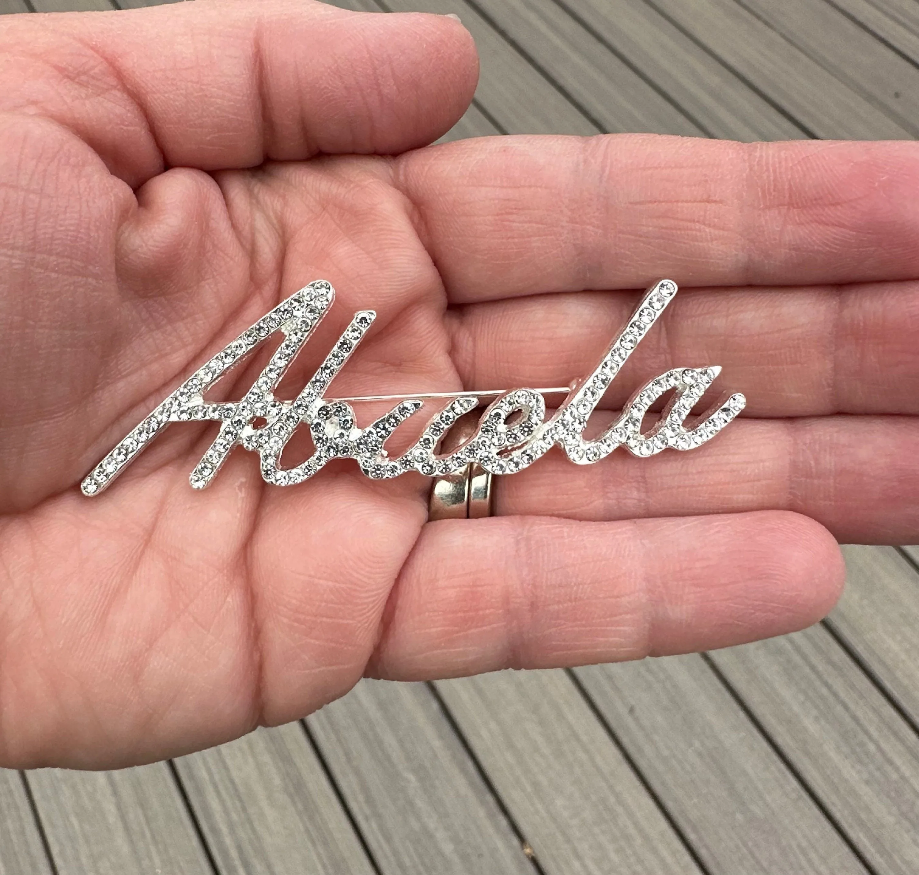 Abuela Rhinestone Brooch Pin Custom Script Spanish Grandma Grandmother New Jewelry With Velvet Pouch 3”