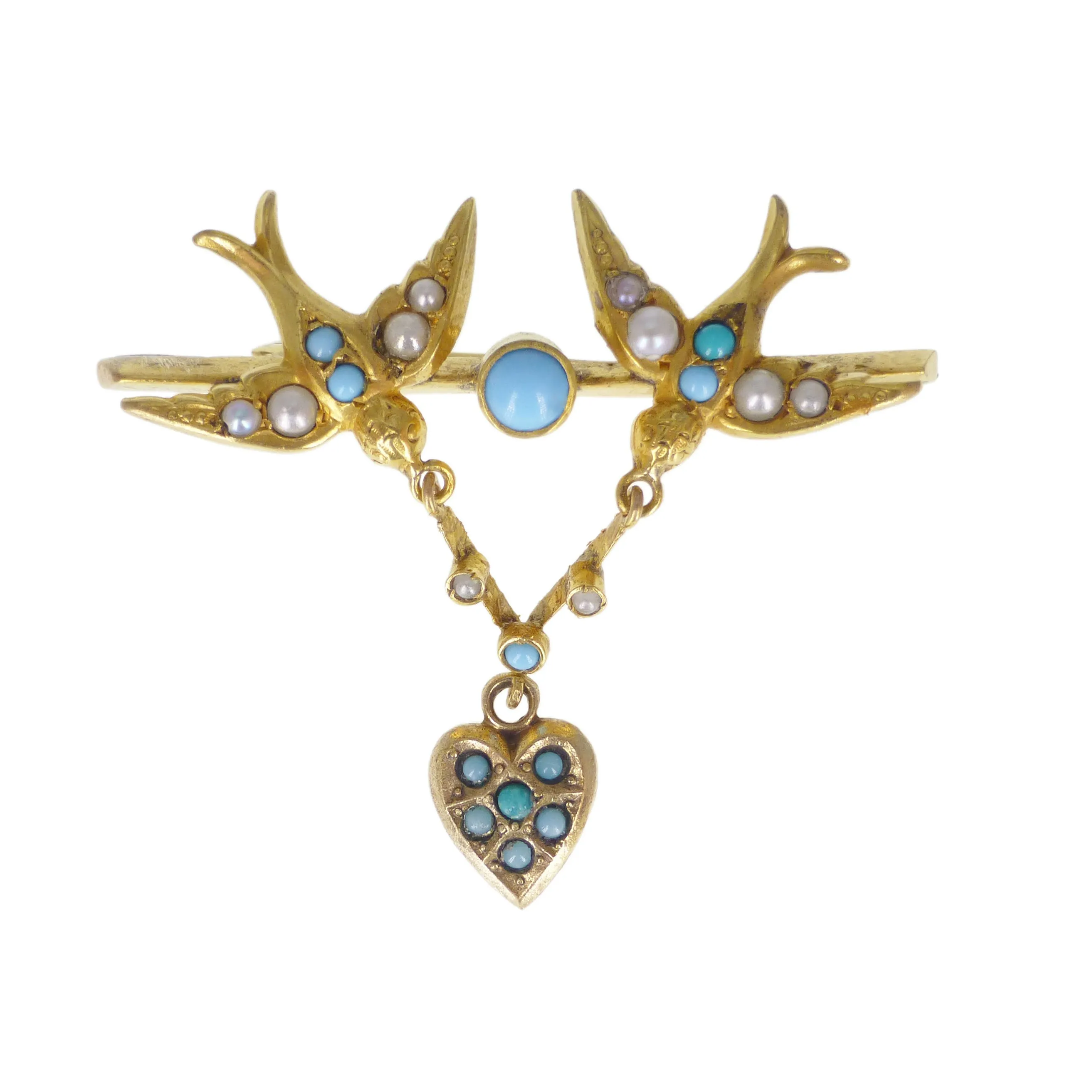 Antique Edwardian Gold Tone Swallow Heart Brooch
