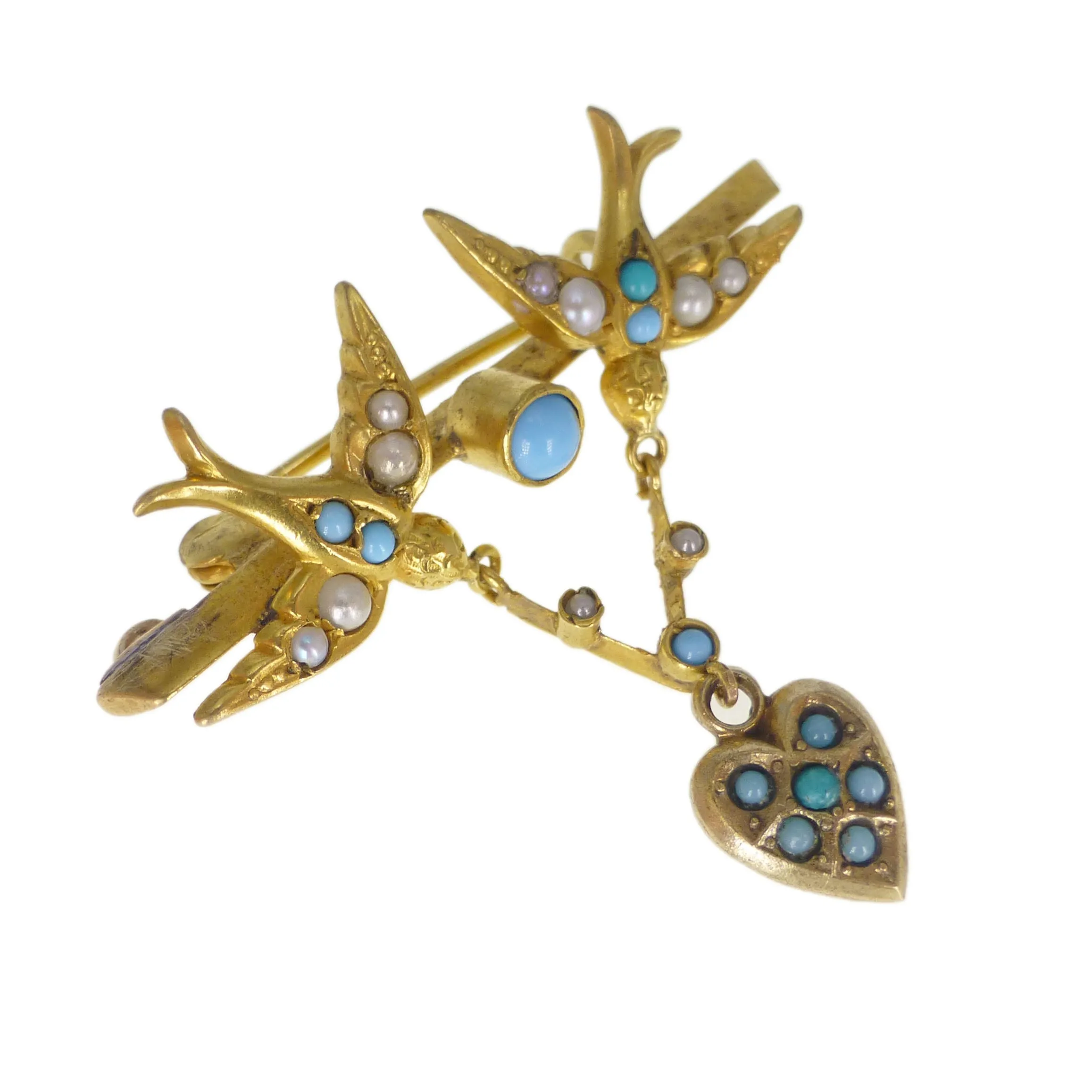 Antique Edwardian Gold Tone Swallow Heart Brooch