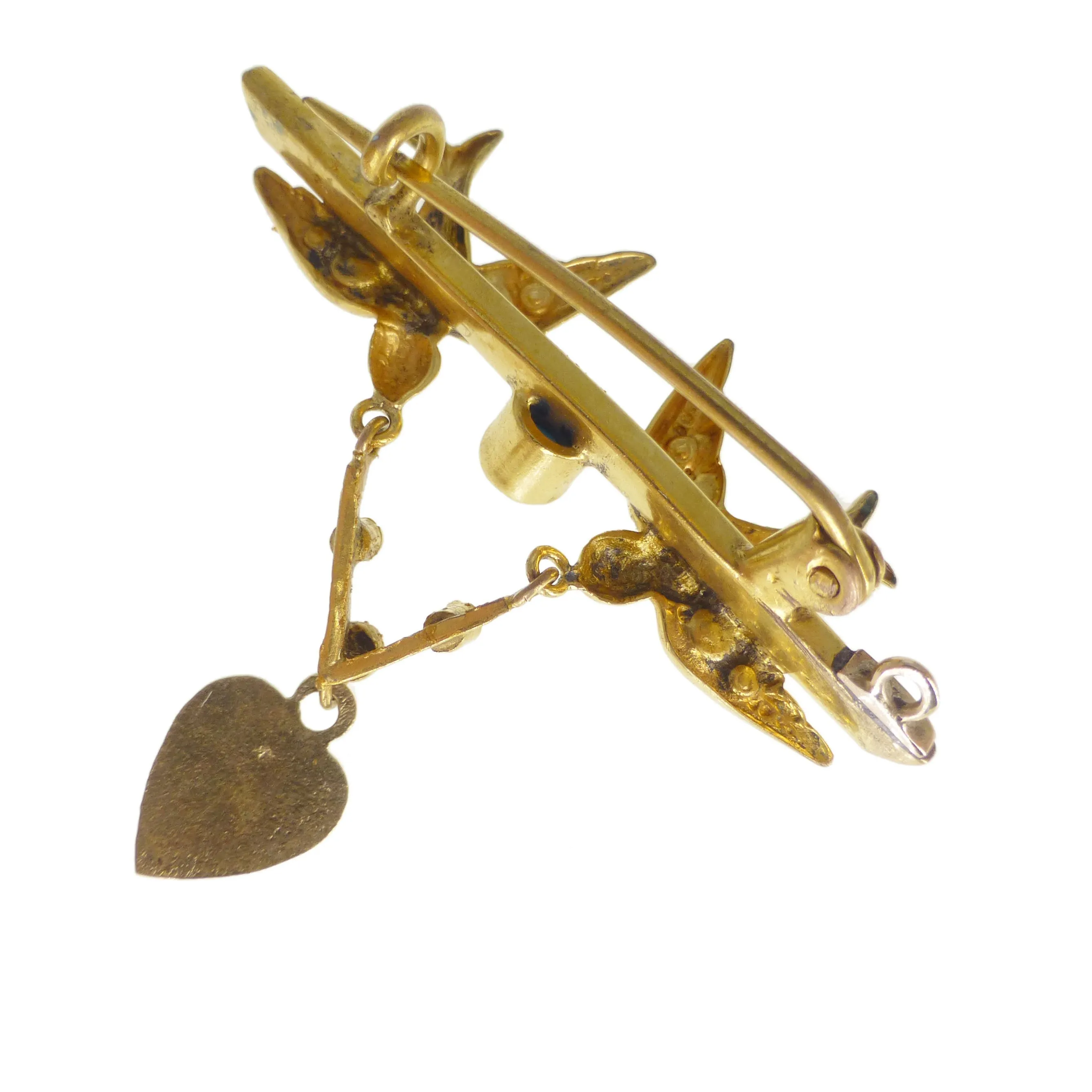Antique Edwardian Gold Tone Swallow Heart Brooch